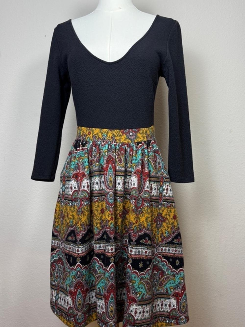 Maeve Anthropologie Dress 8 Black Knit Paisley Boho Fit Flare A-Line Zipper
